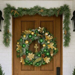Green and Gold Decorated Wreath with Lights